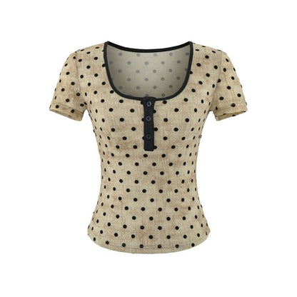 Short-Sleeve Scoop Neck Dotted Crop T-Shirt