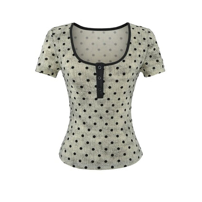 Short-Sleeve Scoop Neck Dotted Crop T-Shirt