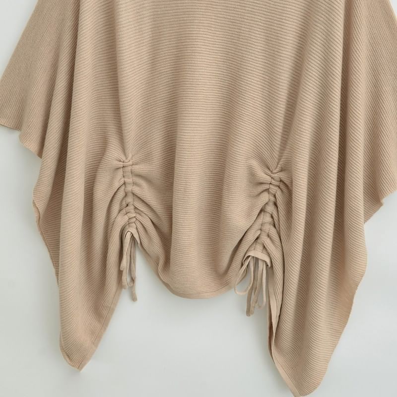 Elbow-Sleeve Off Shoulder Plain Drawstring Knit Top