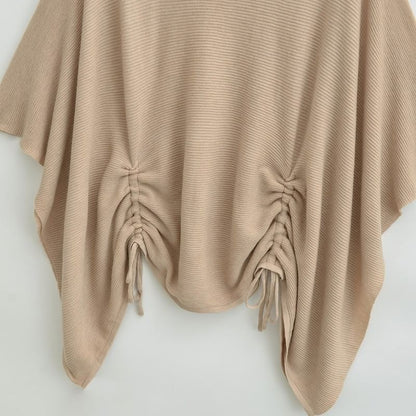 Elbow-Sleeve Off Shoulder Plain Drawstring Knit Top