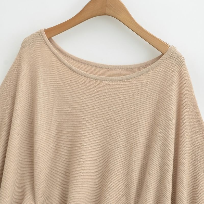 Elbow-Sleeve Off Shoulder Plain Drawstring Knit Top