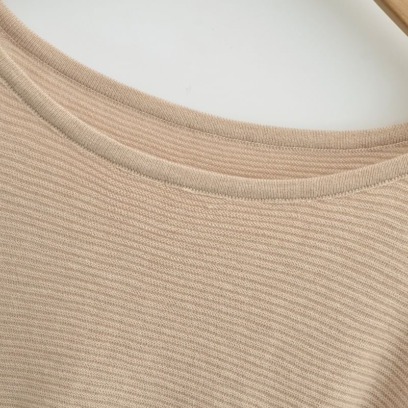 Elbow-Sleeve Off Shoulder Plain Drawstring Knit Top