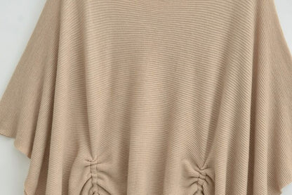 Elbow-Sleeve Off Shoulder Plain Drawstring Knit Top