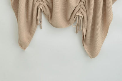 Elbow-Sleeve Off Shoulder Plain Drawstring Knit Top