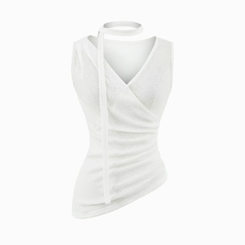 Sleeveless V-Neck Plain Ruched Asymmetrical Top with Sash