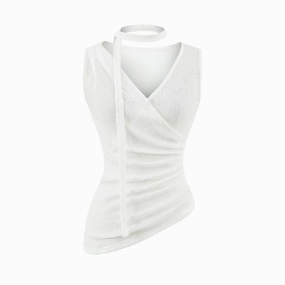 Sleeveless V-Neck Plain Ruched Asymmetrical Top with Sash