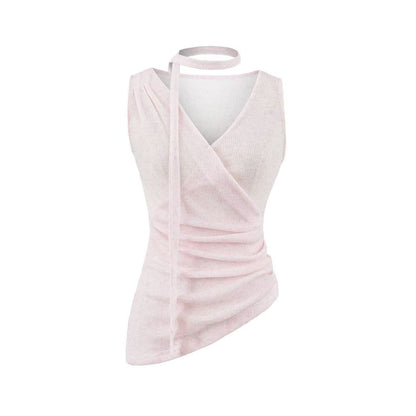Sleeveless V-Neck Plain Ruched Asymmetrical Top with Sash