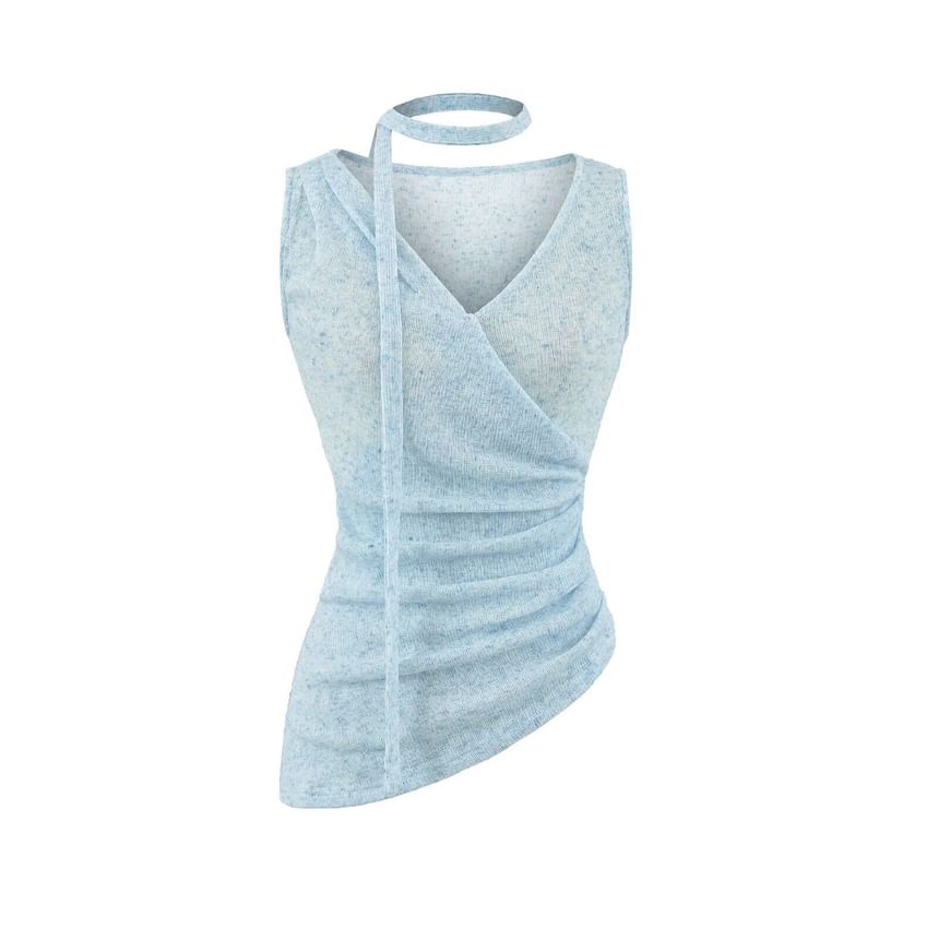 Sleeveless V-Neck Plain Ruched Asymmetrical Top with Sash
