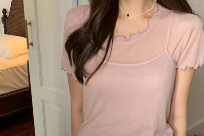 Set: Short-Sleeve Round Neck Plain Lettuce Edge T-Shirt + Cropped Camisole Top