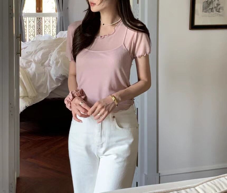Set: Short-Sleeve Round Neck Plain Lettuce Edge T-Shirt + Cropped Camisole Top