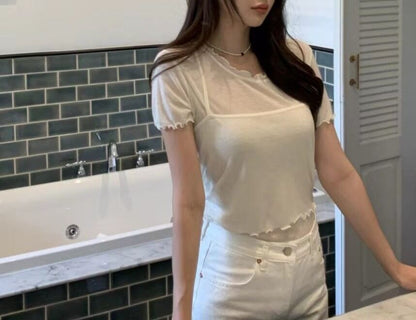 Set: Short-Sleeve Round Neck Plain Lettuce Edge T-Shirt + Cropped Camisole Top