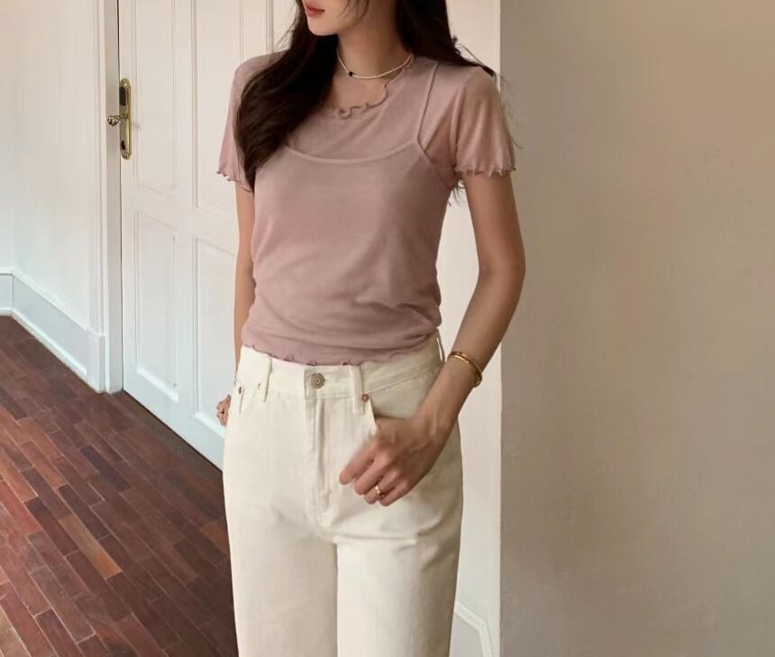 Set: Short-Sleeve Round Neck Plain Lettuce Edge T-Shirt + Cropped Camisole Top