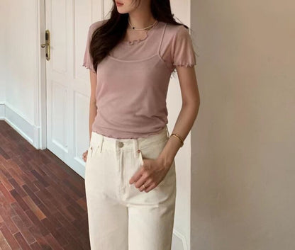 Set: Short-Sleeve Round Neck Plain Lettuce Edge T-Shirt + Cropped Camisole Top