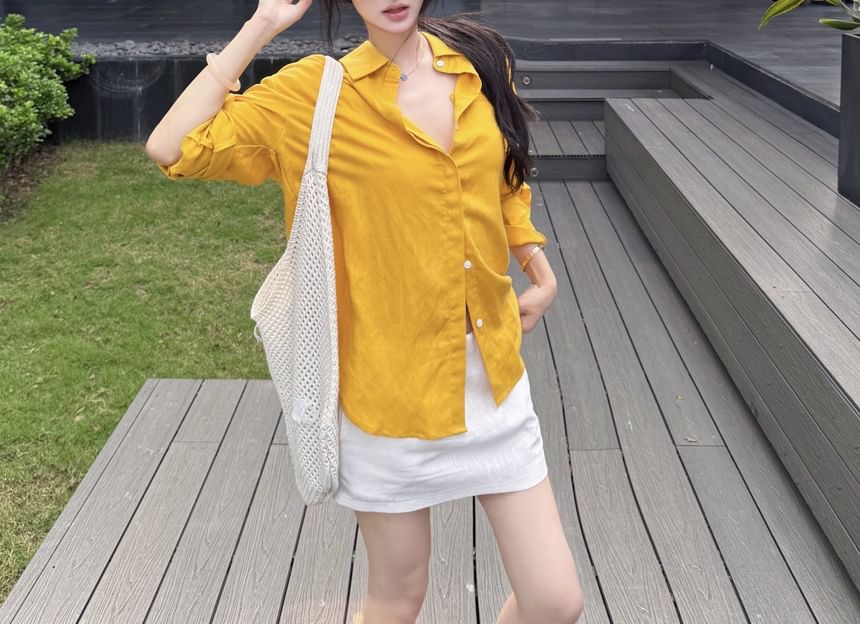 Long-Sleeve Drop-Shoulder Plain Shirt / High Waist Mini Straight Skirt