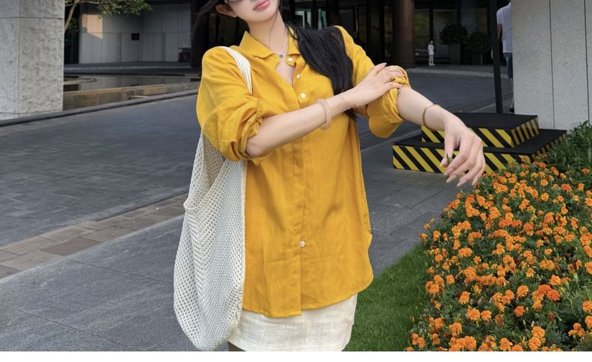 Long-Sleeve Drop-Shoulder Plain Shirt / High Waist Mini Straight Skirt
