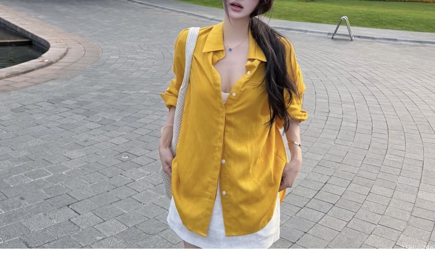 Long-Sleeve Drop-Shoulder Plain Shirt / High Waist Mini Straight Skirt