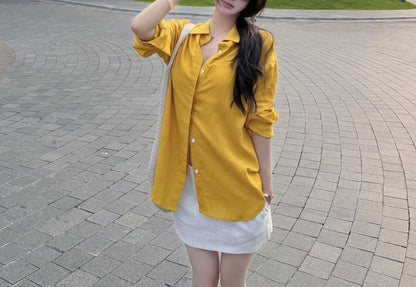 Long-Sleeve Drop-Shoulder Plain Shirt / High Waist Mini Straight Skirt