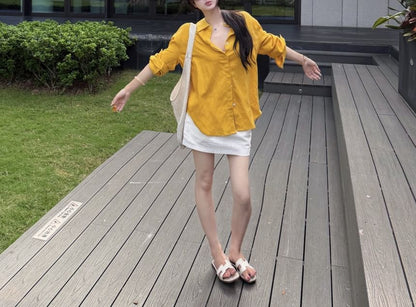 Long-Sleeve Drop-Shoulder Plain Shirt / High Waist Mini Straight Skirt