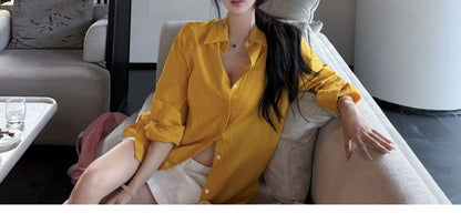 Long-Sleeve Drop-Shoulder Plain Shirt / High Waist Mini Straight Skirt
