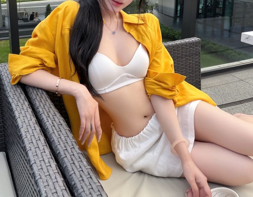 Long-Sleeve Drop-Shoulder Plain Shirt / High Waist Mini Straight Skirt