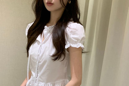 Puff-Sleeve Plain Ruffle Cropped Blouse