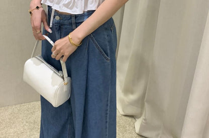 Puff-Sleeve Plain Ruffle Cropped Blouse