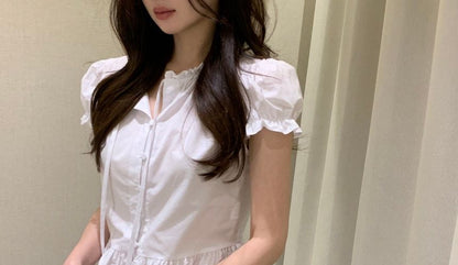 Puff-Sleeve Plain Ruffle Cropped Blouse