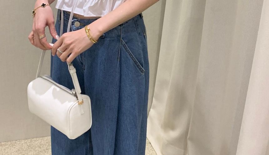 Puff-Sleeve Plain Ruffle Cropped Blouse