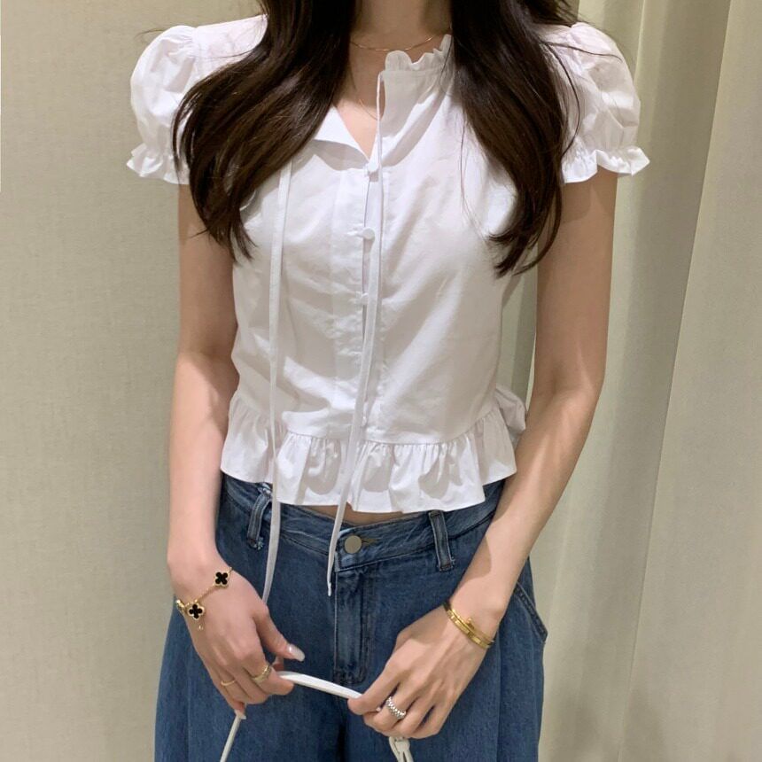 Puff-Sleeve Plain Ruffle Cropped Blouse