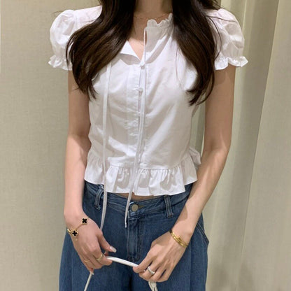 Puff-Sleeve Plain Ruffle Cropped Blouse