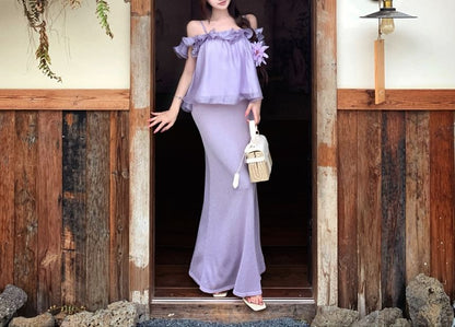 Short-Sleeve Off-Shoulder Plain Ruffle Blouse / High Waist Knit Midi Pencil Skirt