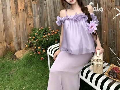 Short-Sleeve Off-Shoulder Plain Ruffle Blouse / High Waist Knit Midi Pencil Skirt