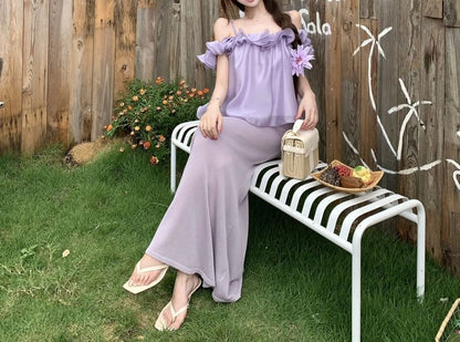 Short-Sleeve Off-Shoulder Plain Ruffle Blouse / High Waist Knit Midi Pencil Skirt
