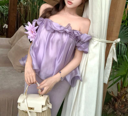 Short-Sleeve Off-Shoulder Plain Ruffle Blouse / High Waist Knit Midi Pencil Skirt