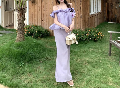 Short-Sleeve Off-Shoulder Plain Ruffle Blouse / High Waist Knit Midi Pencil Skirt