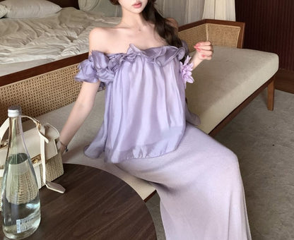 Short-Sleeve Off-Shoulder Plain Ruffle Blouse / High Waist Knit Midi Pencil Skirt