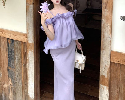 Short-Sleeve Off-Shoulder Plain Ruffle Blouse / High Waist Knit Midi Pencil Skirt