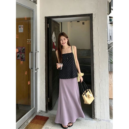Set: Polka Dot Flowy Camisole Top + High Waist Plain Maxi A-Line Skirt