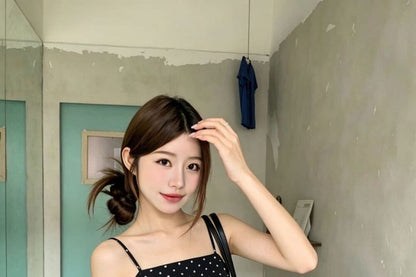 Set: Polka Dot Flowy Camisole Top + High Waist Plain Maxi A-Line Skirt