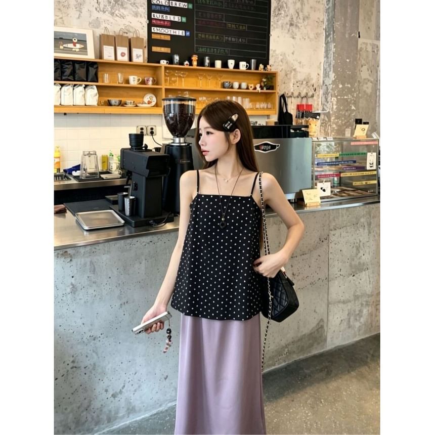 Set: Polka Dot Flowy Camisole Top + High Waist Plain Maxi A-Line Skirt