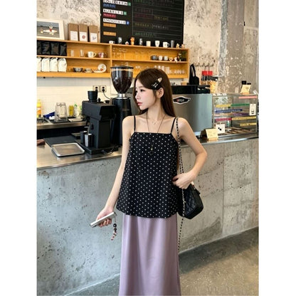 Set: Polka Dot Flowy Camisole Top + High Waist Plain Maxi A-Line Skirt