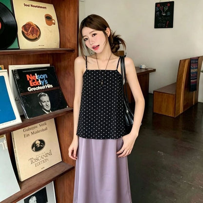 Set: Polka Dot Flowy Camisole Top + High Waist Plain Maxi A-Line Skirt