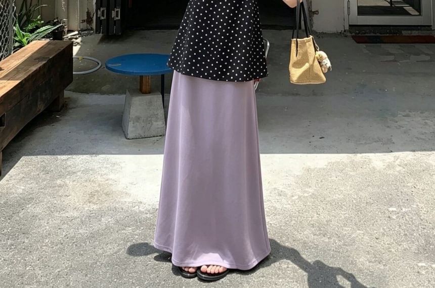 Set: Polka Dot Flowy Camisole Top + High Waist Plain Maxi A-Line Skirt