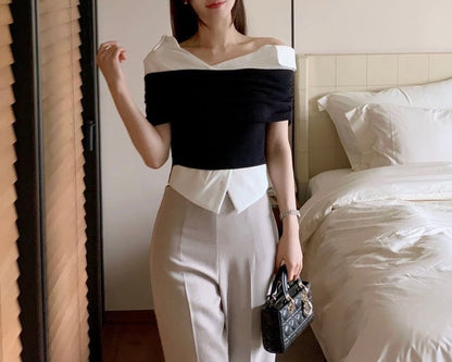 Short-Sleeve One-Shoulder Two Tone Front-Slit Blouse