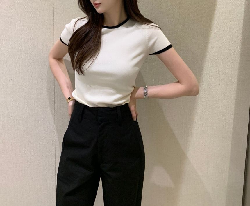 Short-Sleeve Crew Neck Plain Contrast Trim T-Shirt