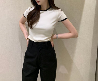 Short-Sleeve Crew Neck Plain Contrast Trim T-Shirt