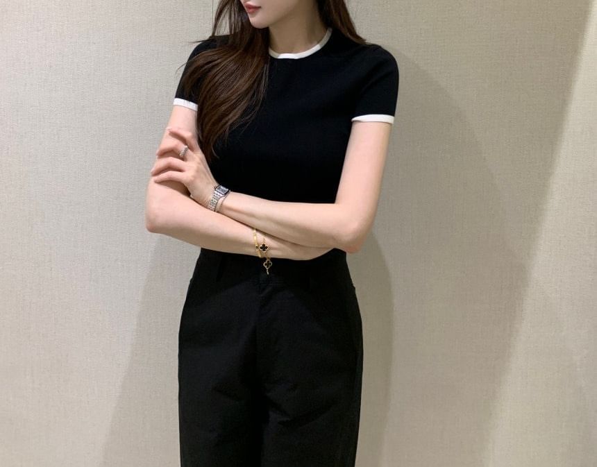 Short-Sleeve Crew Neck Plain Contrast Trim T-Shirt