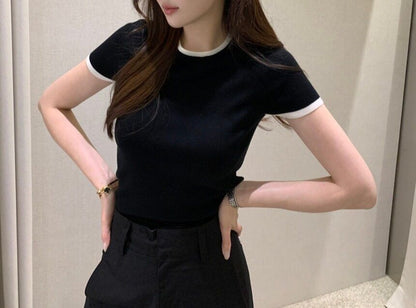 Short-Sleeve Crew Neck Plain Contrast Trim T-Shirt