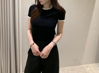 Short-Sleeve Crew Neck Plain Contrast Trim T-Shirt