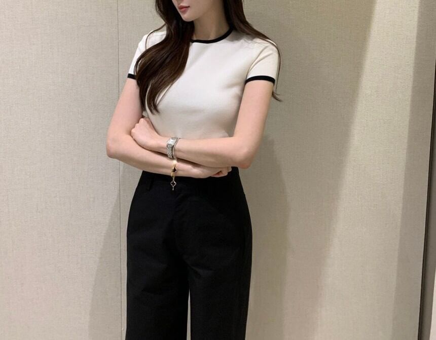 Short-Sleeve Crew Neck Plain Contrast Trim T-Shirt